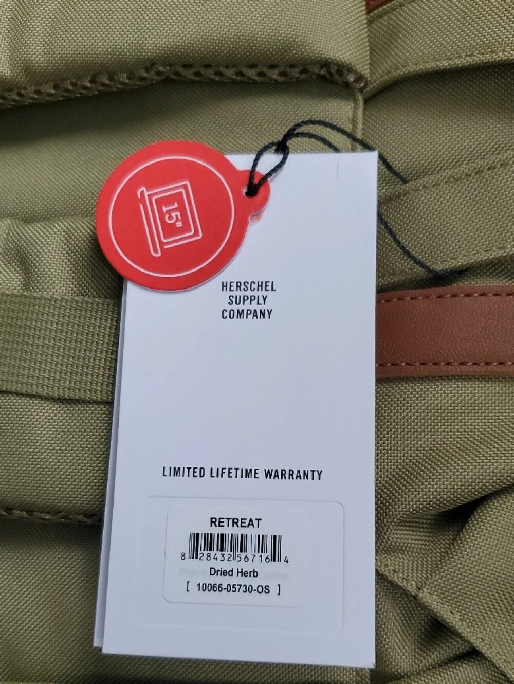 Herschel Supply Company Olive Green Backpack with Brown Straps
